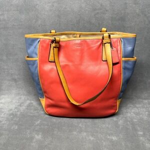 Coach F23683 Women's Handbag Red Blue Leather Colorblock Double Handle Tote Bag